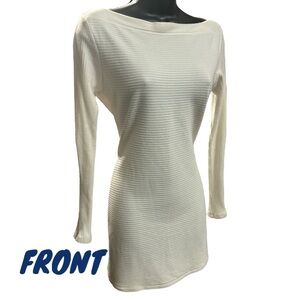 Anne Fontaine Body Hugging White Ribbed Dress w zipper 3/4 sleeve & cowl neck